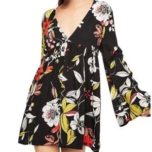 Free People Bella Floral Babydoll Tunic Top Mini Dress Black V-Neck XS